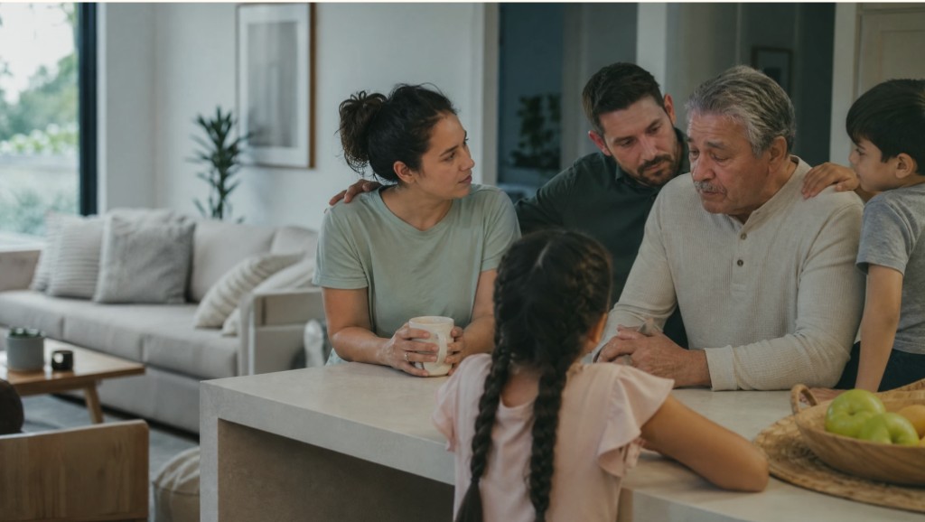 Family gathered together in a quiet kitchen