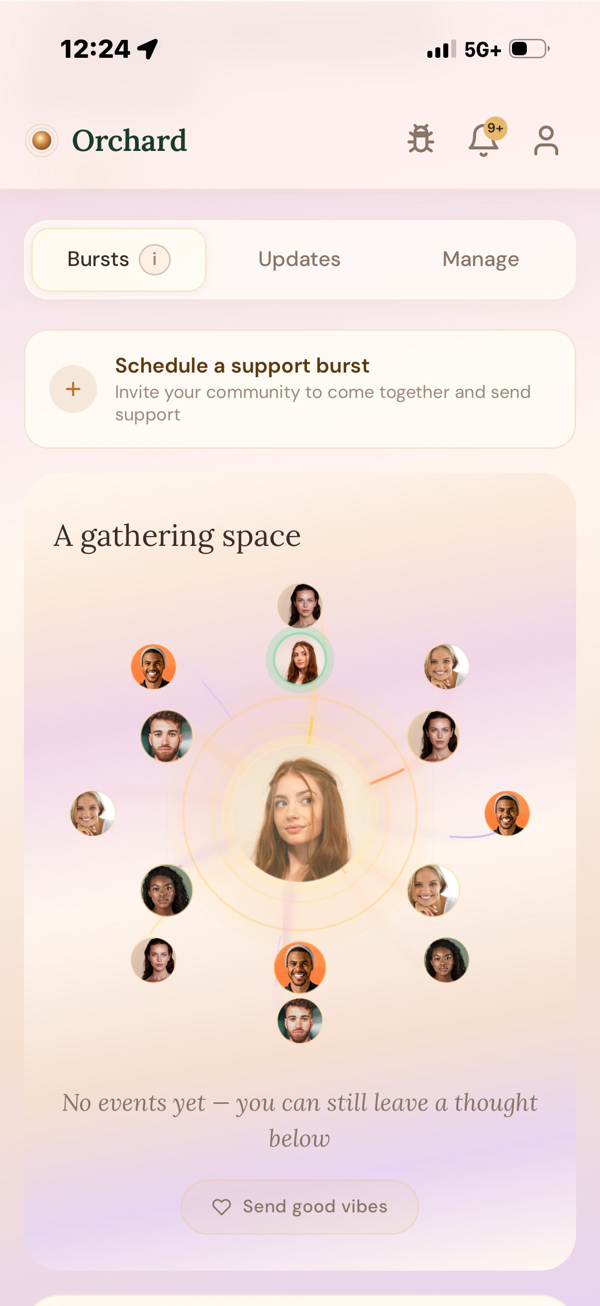 Support burst — person's photo at center surrounded by their community in a gathering space