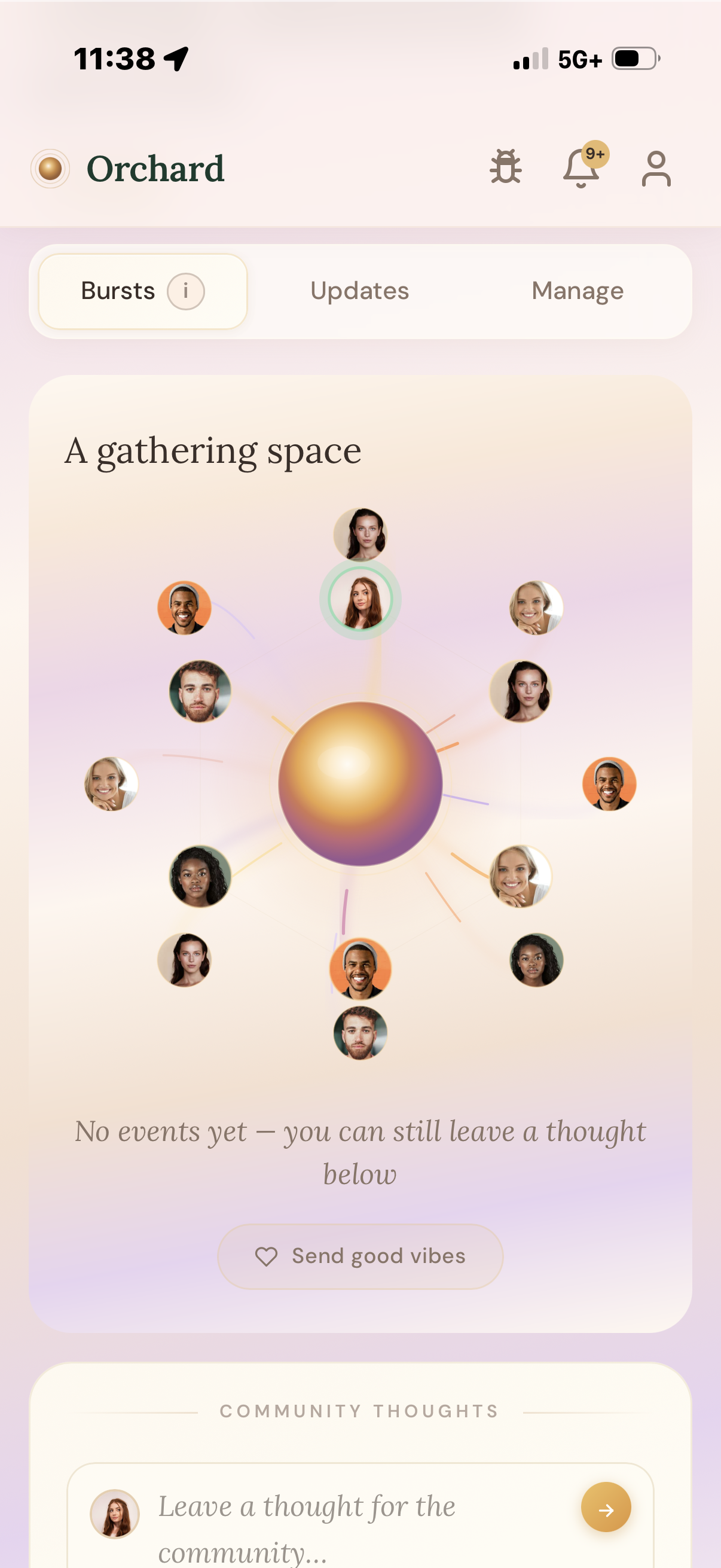 Support burst — golden orb pulsing at center with supporter photos radiating outward