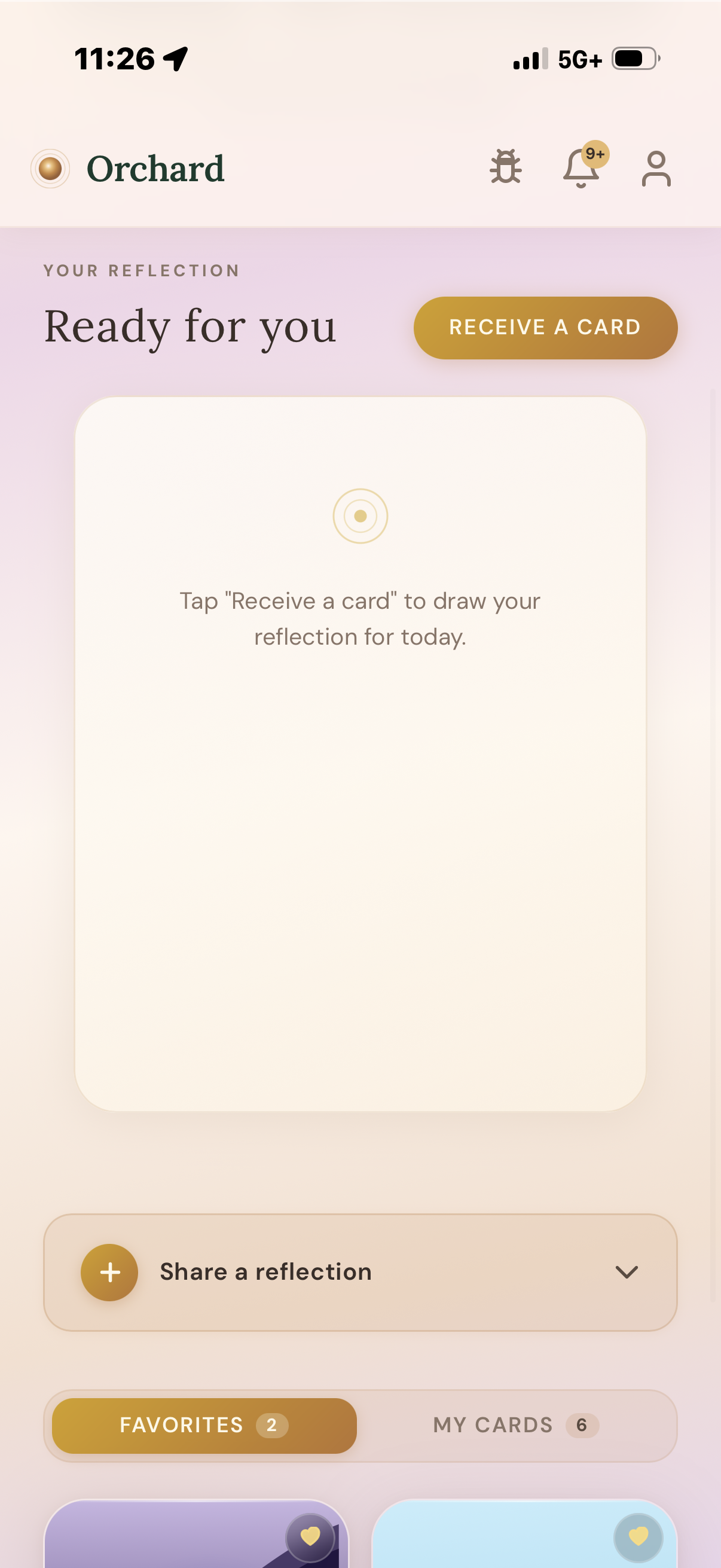 Reflection card — ready for you, tap to receive your card for today, favorites and my cards tabs
