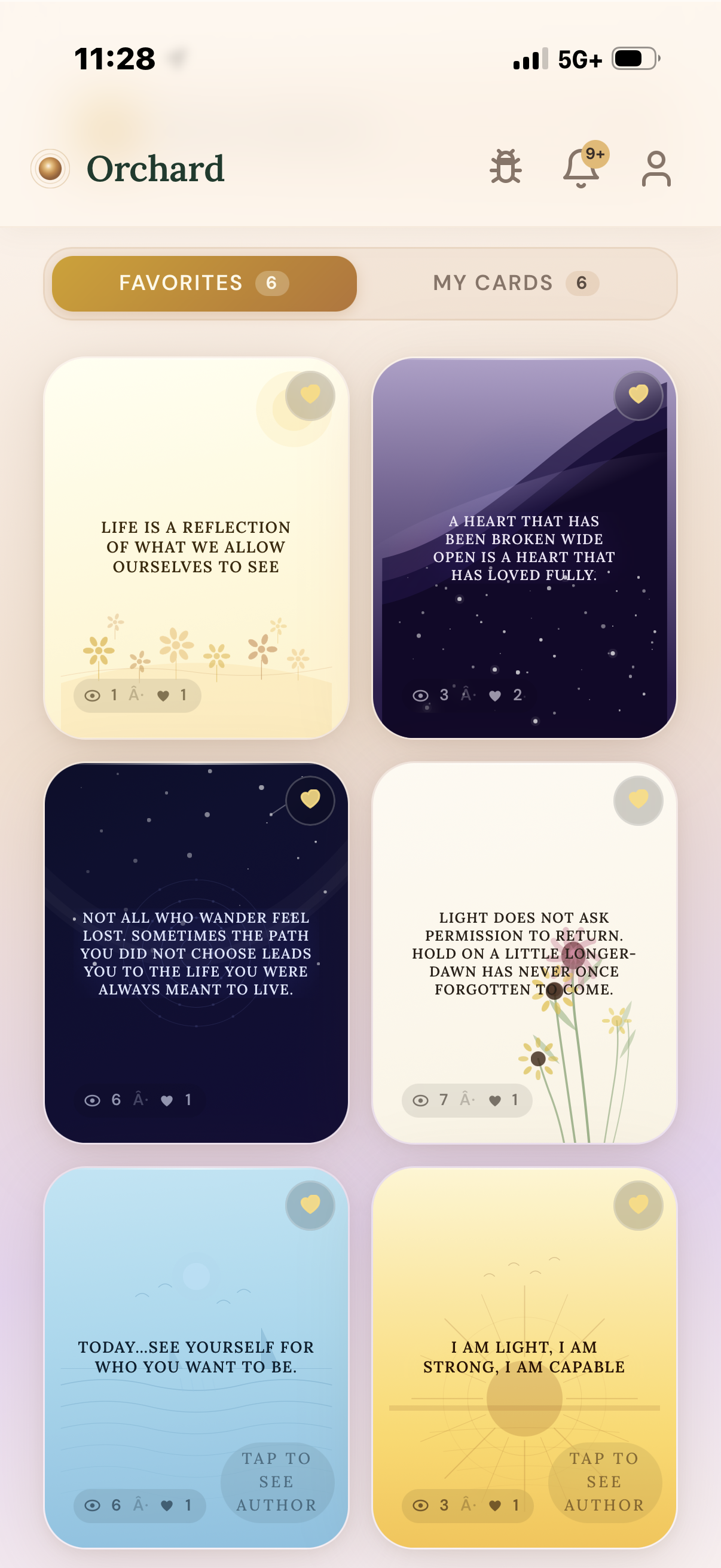 Favorites — 6 saved reflection cards with beautiful illustrated designs and inspiring messages