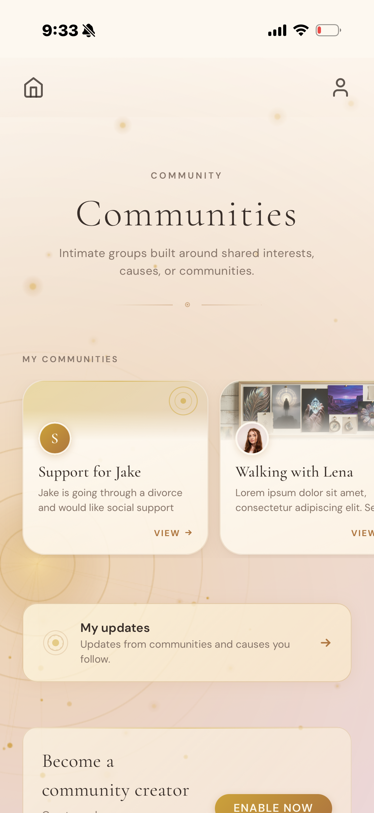 Communities list — Support for Jake, Walking with Lena, My updates, Become a community creator