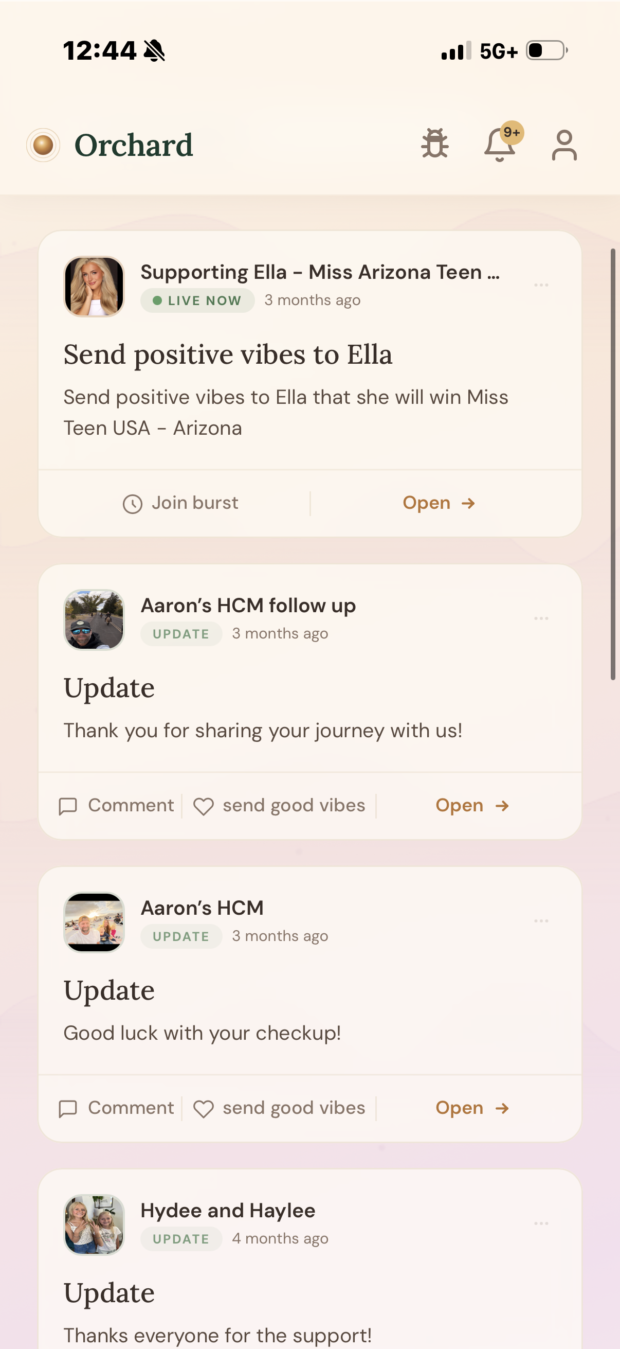 Updates feed — communities and causes you follow, live burst joins, send good vibes, open updates