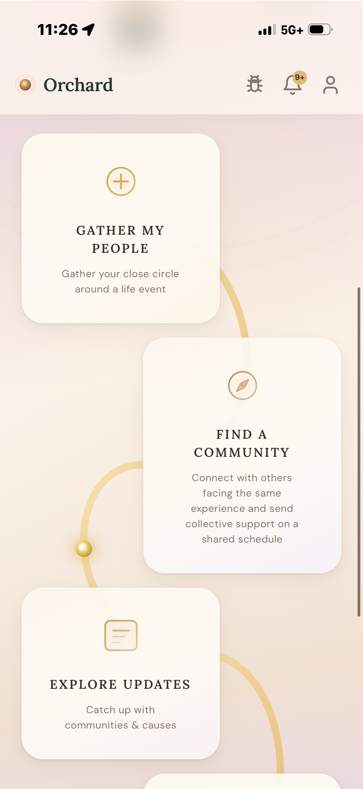Orchard home cards — Gather My People, Find a Community, Explore Updates