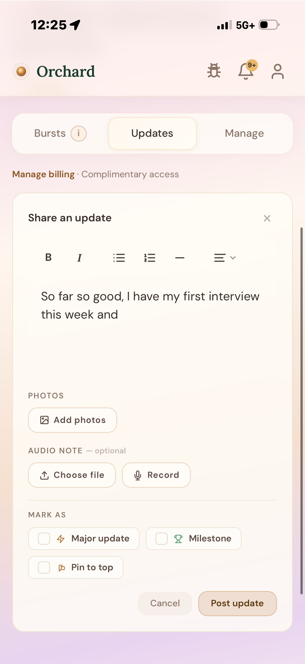 Share an update — rich text editor, add photos, audio note, mark as Major update, Milestone, or Pin to top