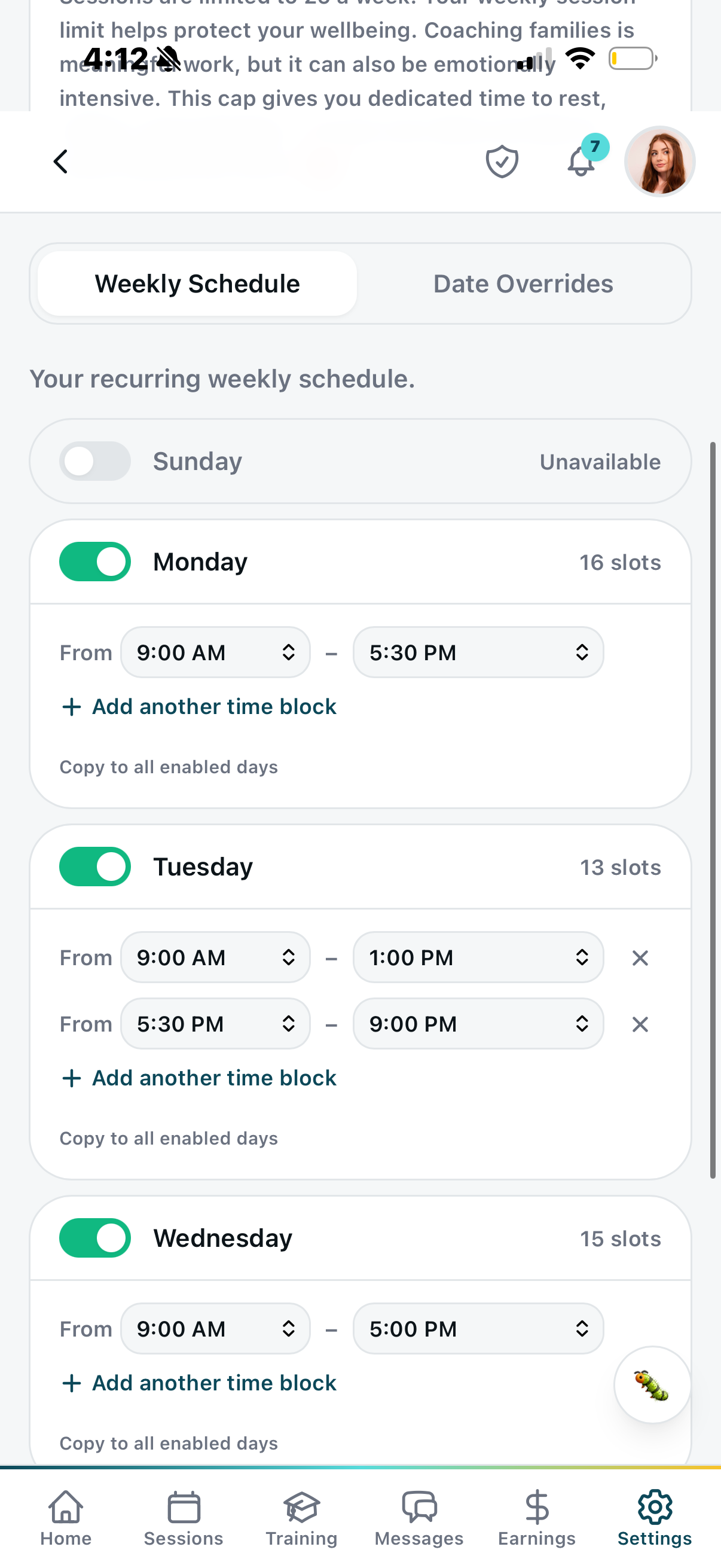Weekly Schedule — Monday 9am-5:30pm 16 slots, Tuesday split blocks, add time blocks, date overrides