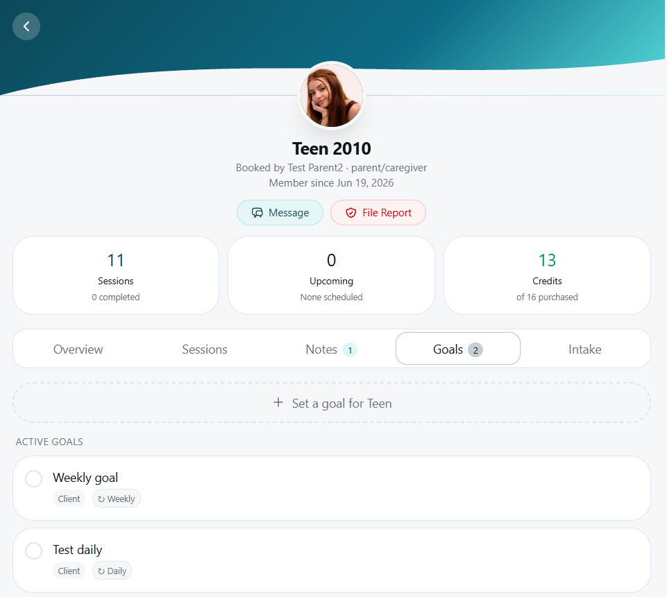 Client goals tab — Set a goal for Teen, Active Goals: Weekly goal, Test daily (recurring)