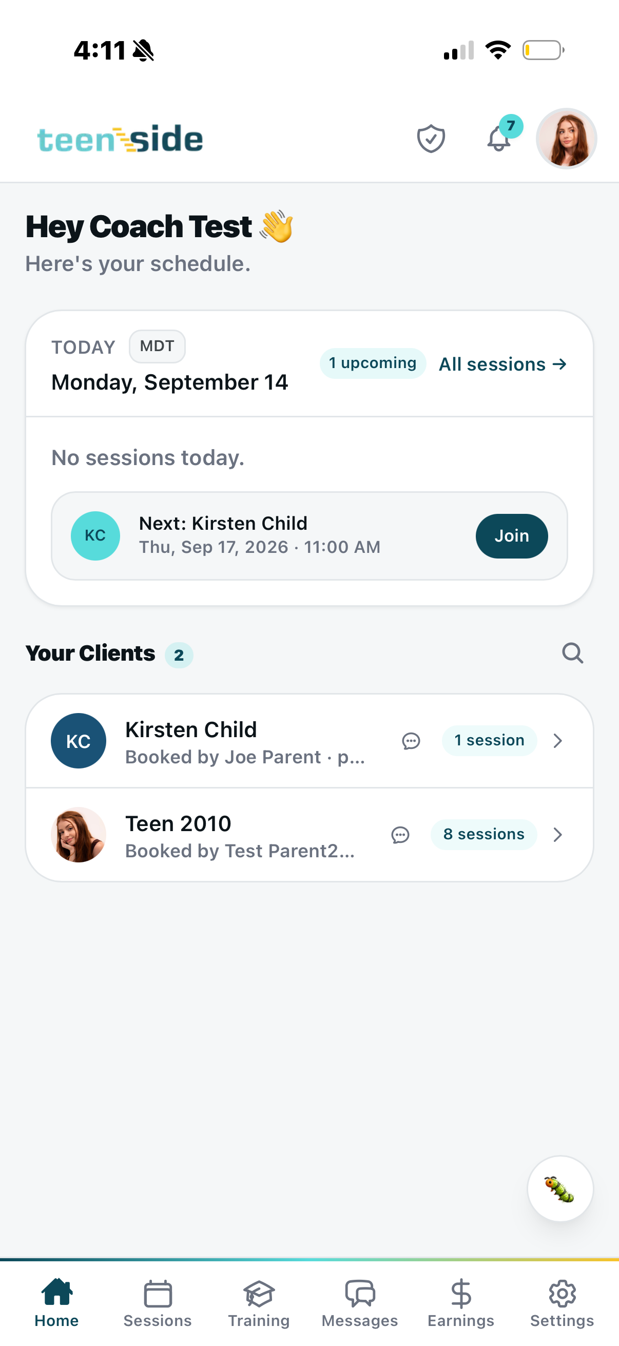 Coach mobile home — today's date, next session with Join button, Your Clients list