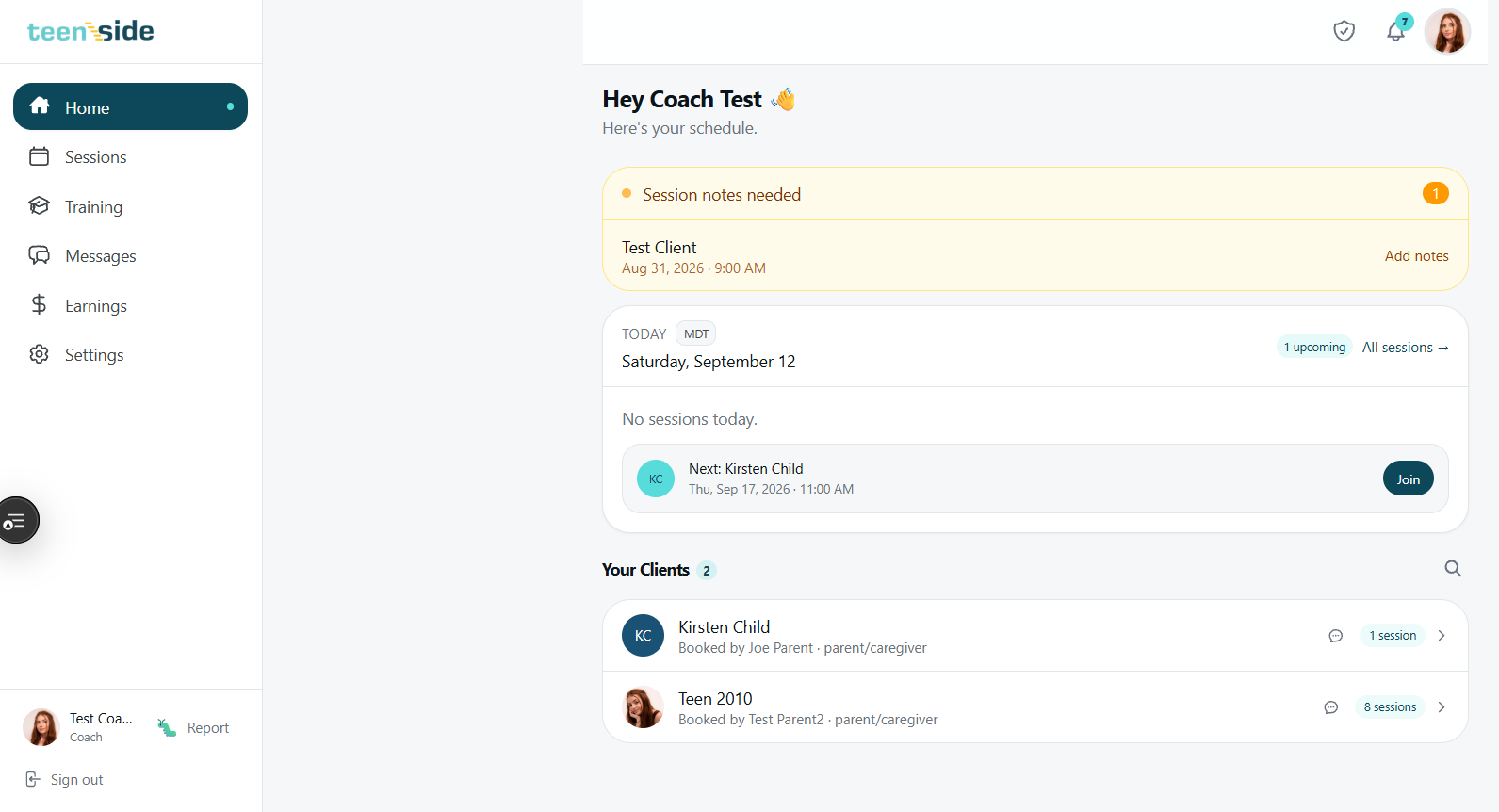 Coach desktop dashboard — Hey Coach Test, schedule, session notes needed alert, client list