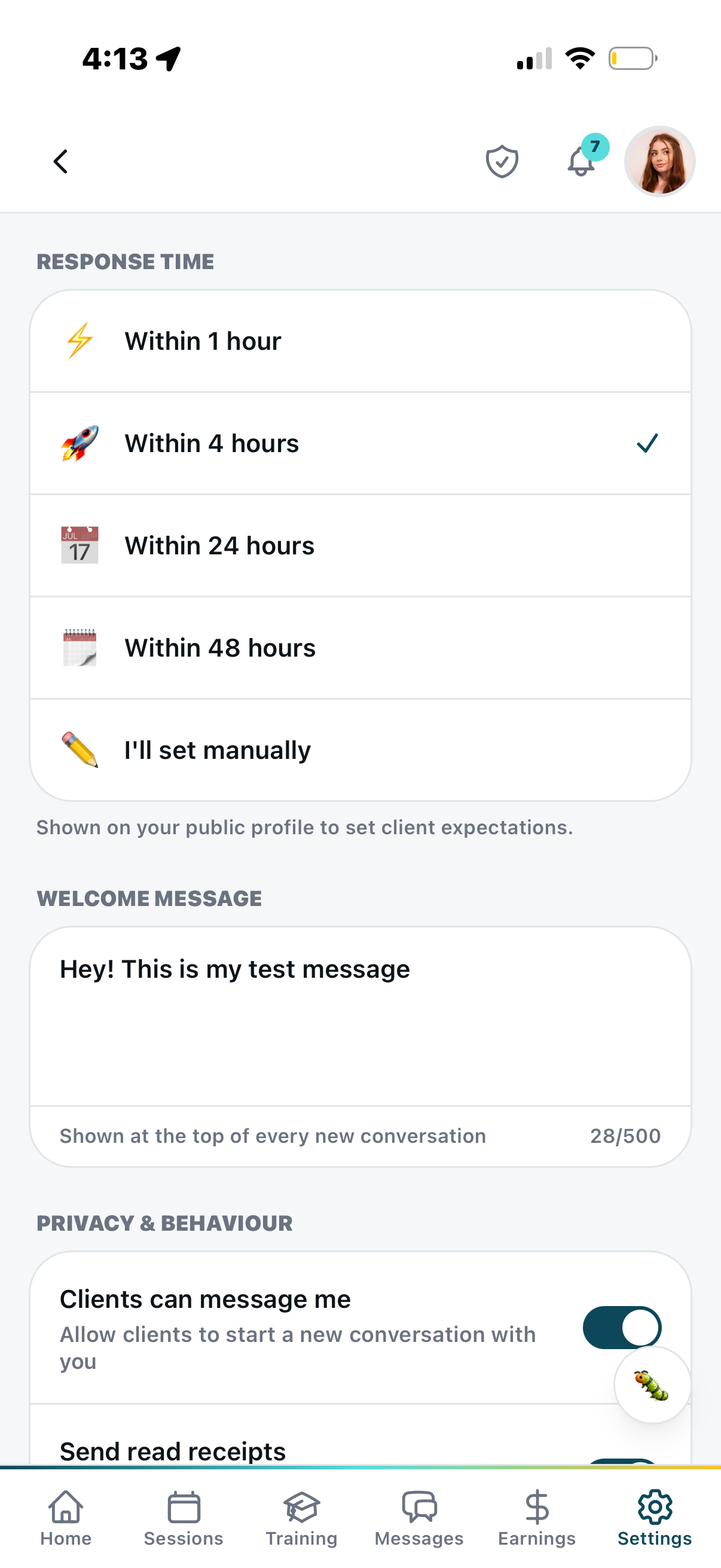 Response time — within 4 hours selected, welcome message field, clients can message toggle, read receipts
