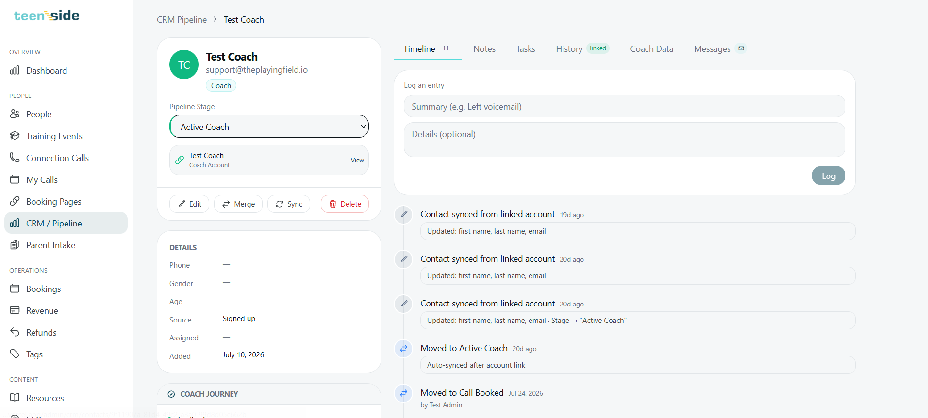 CRM person detail — timeline showing contact synced from linked account, moved to Active Coach stage, coach journey