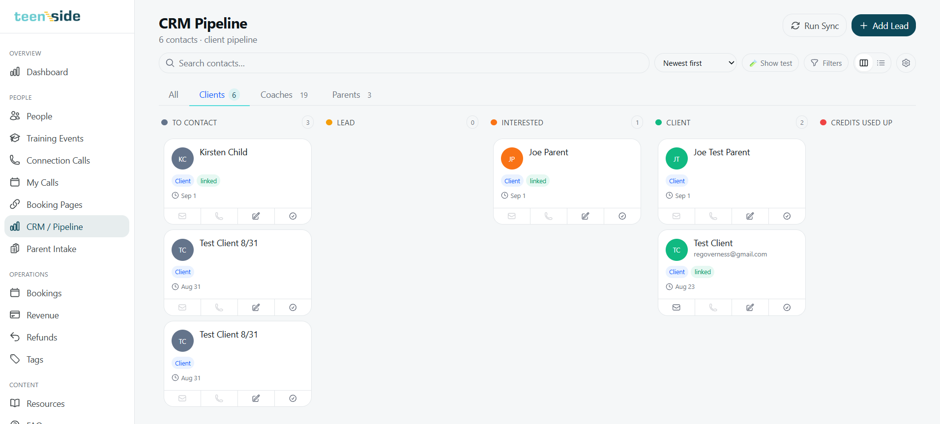 CRM Pipeline — clients kanban: To Contact, Lead, Interested, Client, Credits Used Up columns