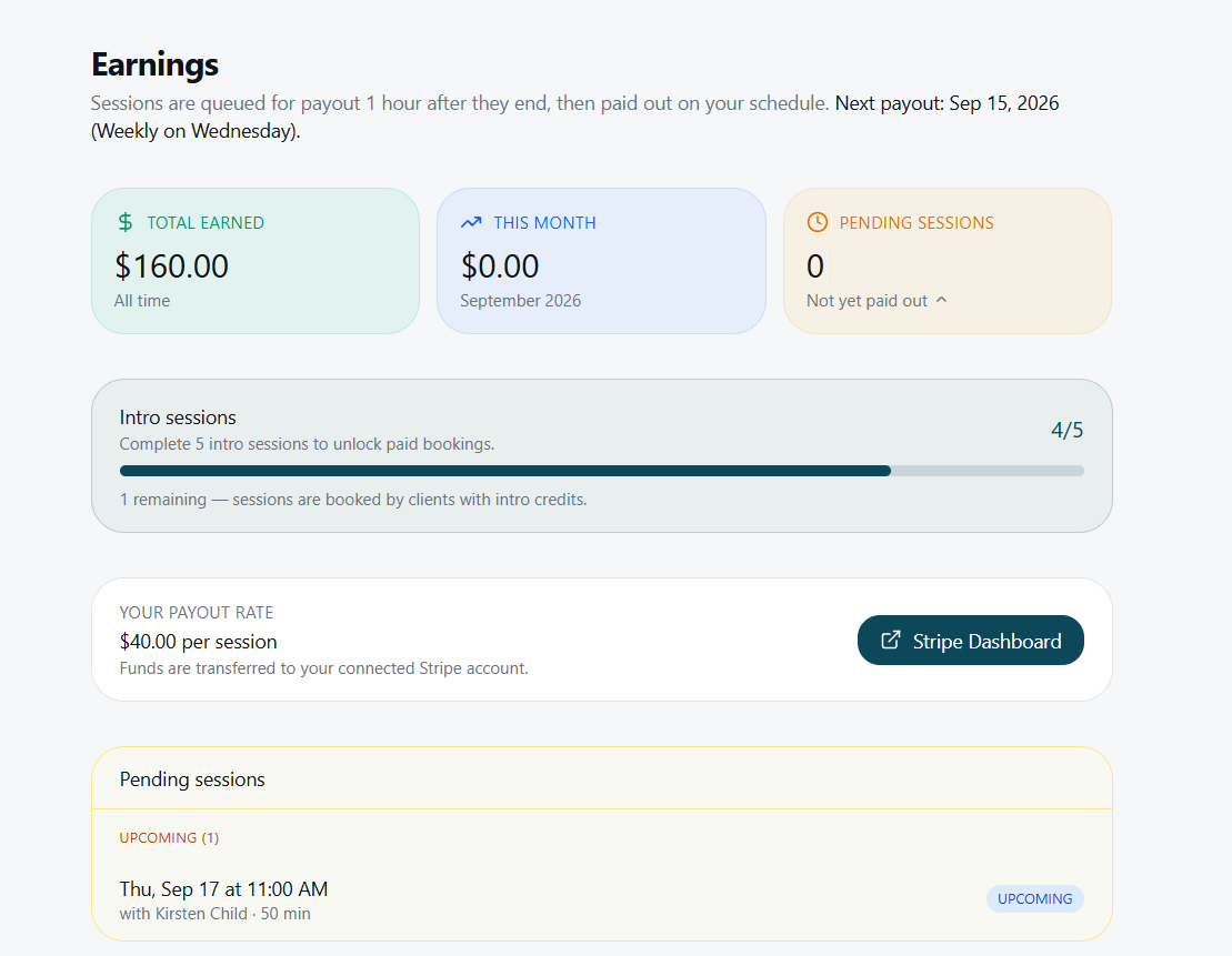 Earnings — $160 total, $40/session payout rate, Intro sessions 4/5 gate, next payout Sep 15 weekly Wednesday, Stripe Dashboard link