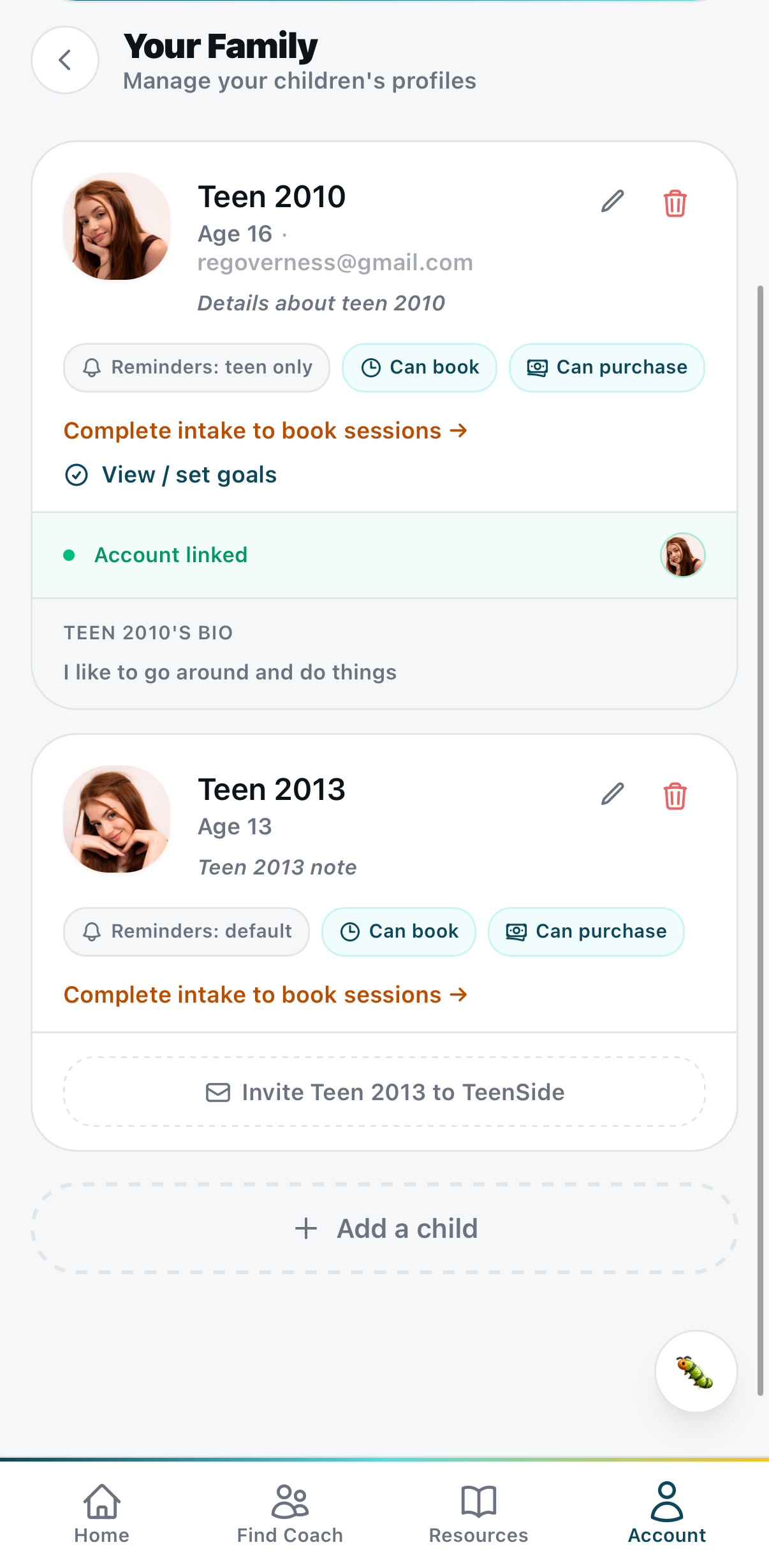 Your Family — Teen 2010 age 16 with permissions (Reminders: teen only, Can book, Can purchase), Teen 2013, Add a child