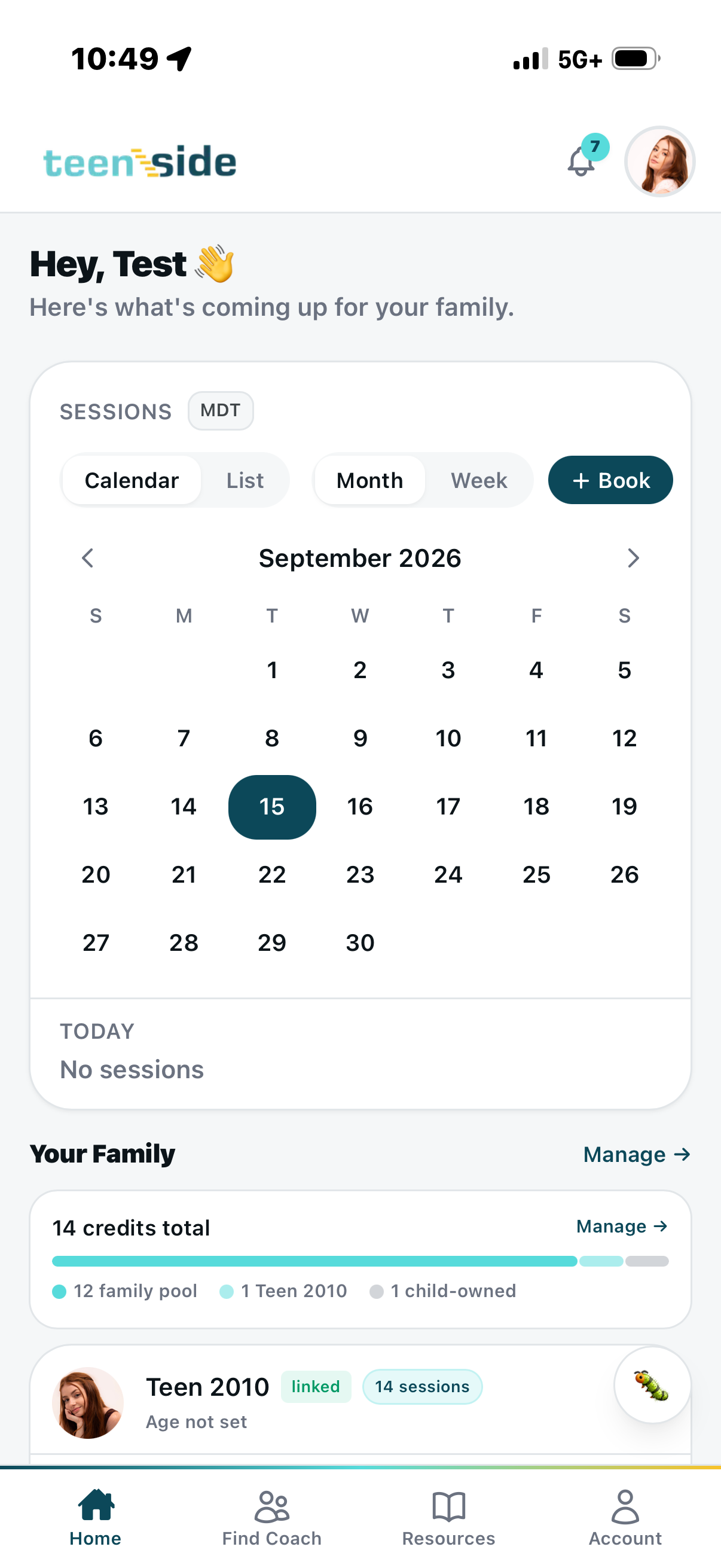 Parent home — session calendar September 2026, Your Family, 14 credits total across family pool and per-child