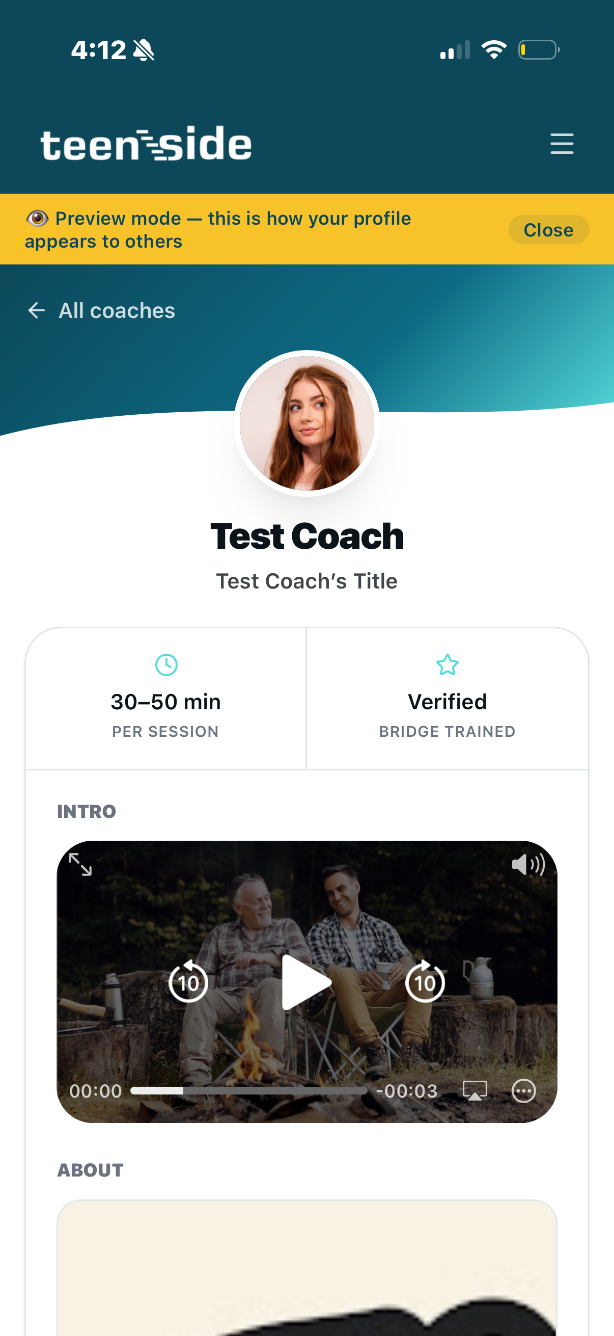 Coach public profile — photo, title, verified badge, intro video, 30-50 min sessions