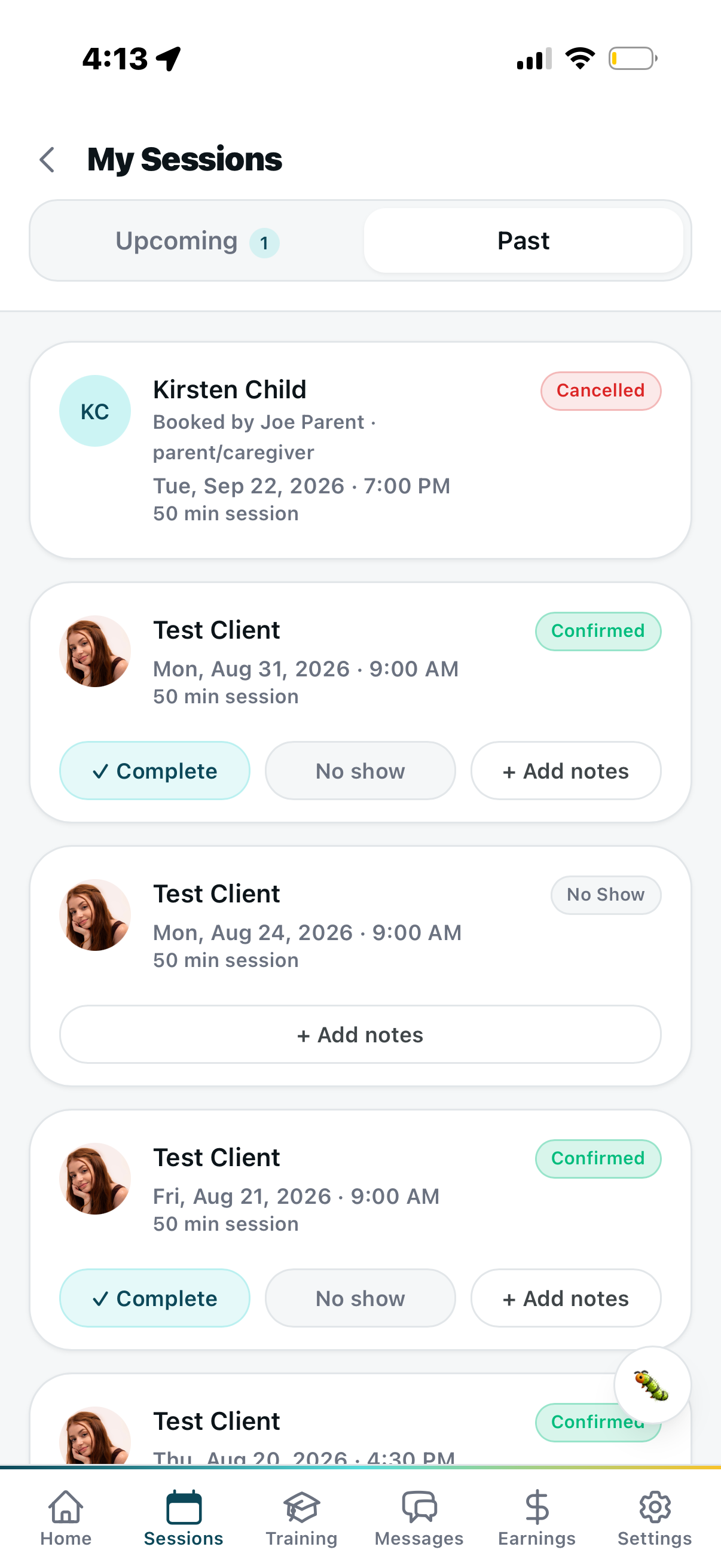 My Sessions — past sessions list with Confirmed, Cancelled, No Show statuses and Complete/Add notes actions