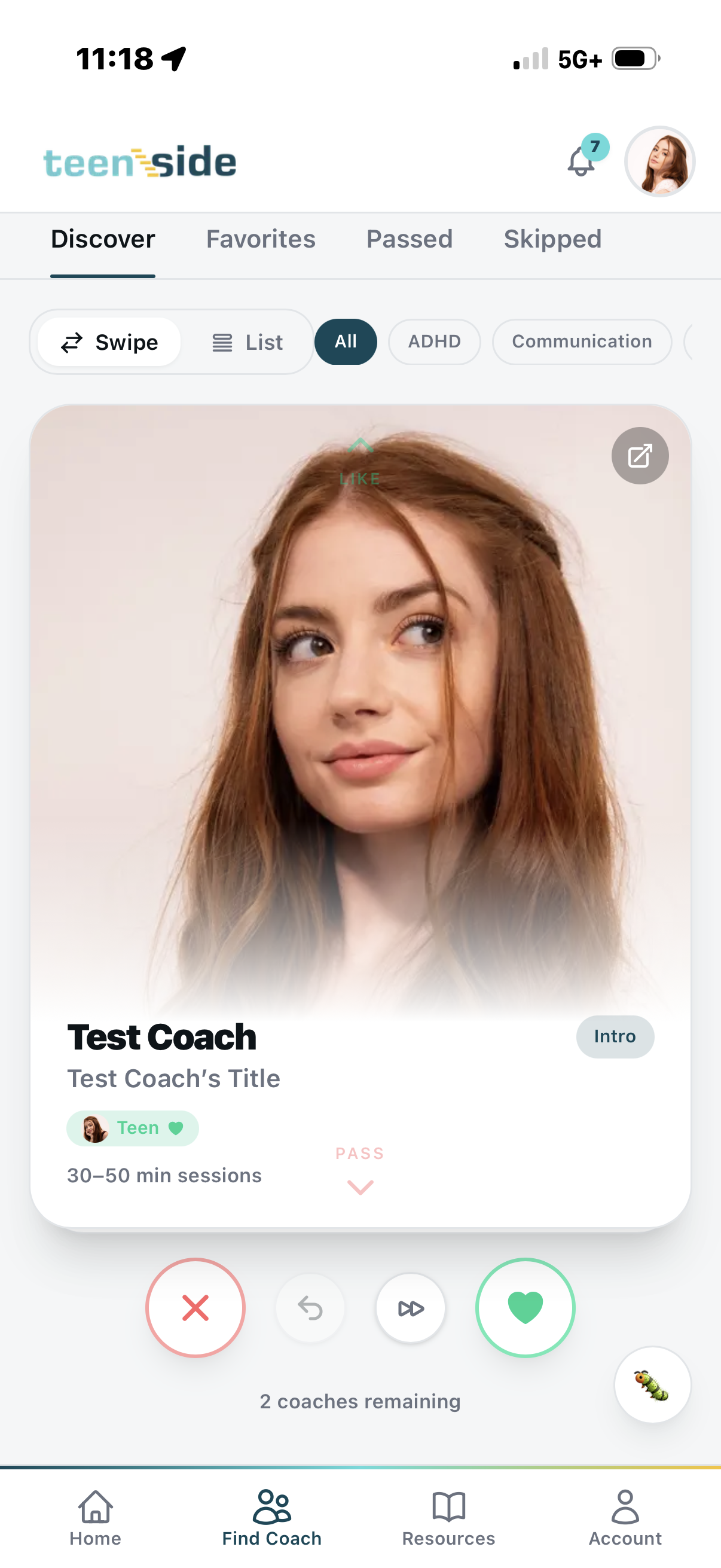 Parent swiping through coach cards — Discover, Favorites, Passed, Skipped with like and pass buttons