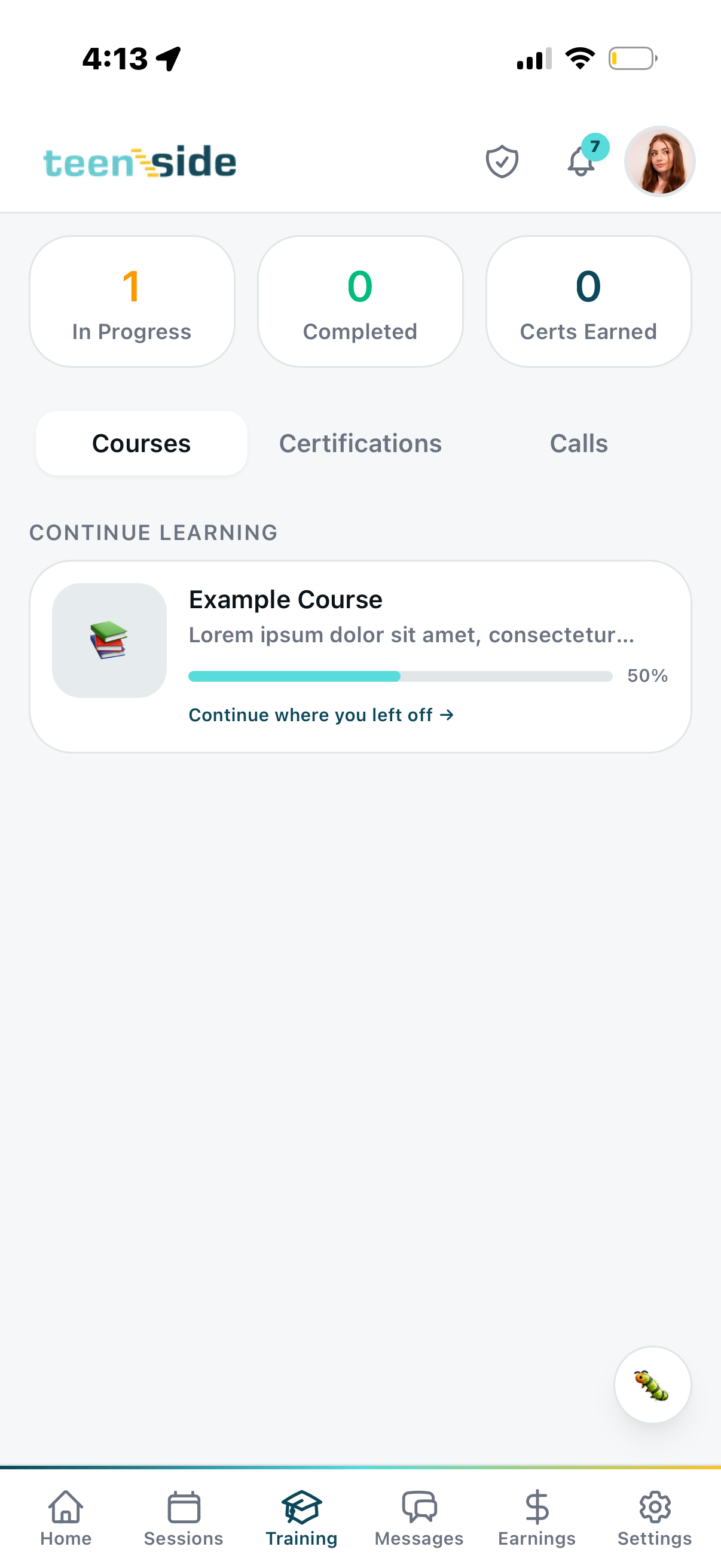 Training hub — 1 In Progress, Courses, Certifications, Calls tabs, Continue where you left off
