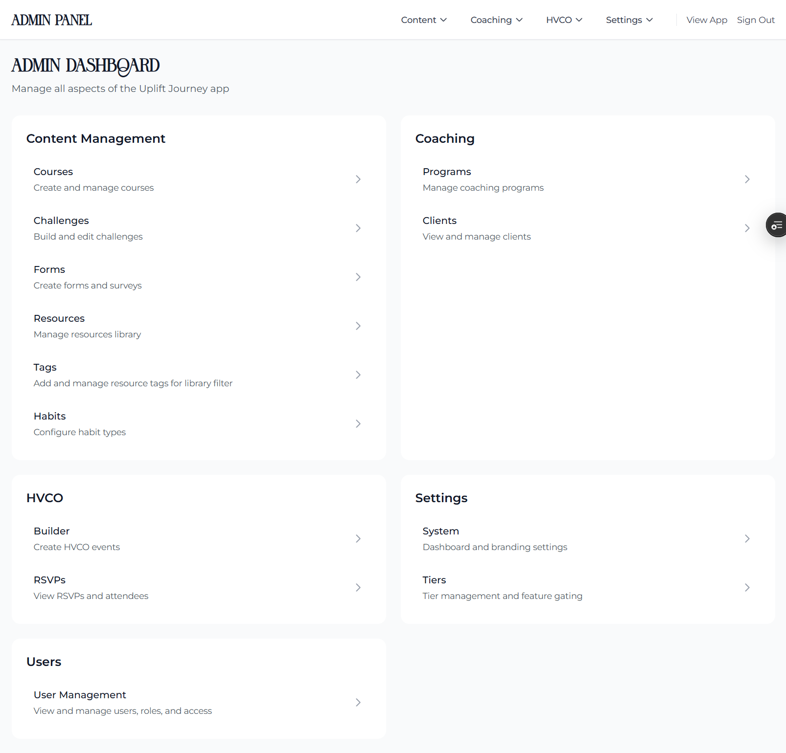 Uplift Journey admin dashboard