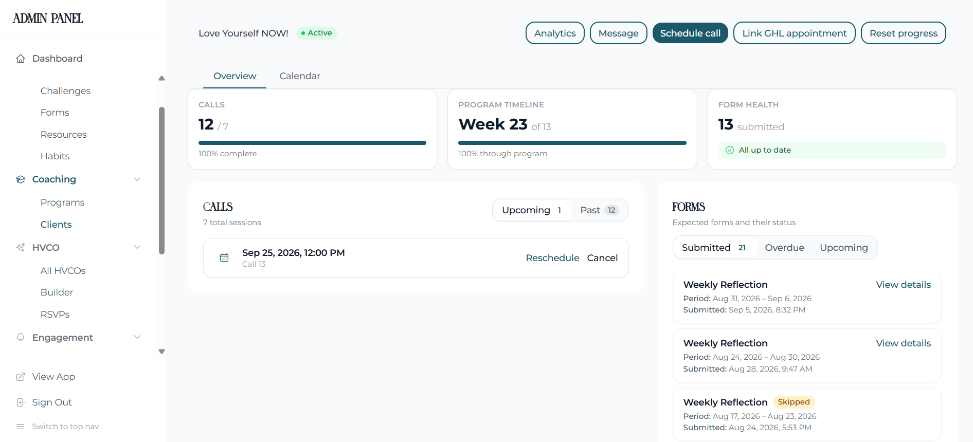 Coach client view — Love Yourself NOW! Active, 12/7 calls 100% complete, Week 23 of 13, 13 forms submitted all up to date, upcoming Sep 25 call