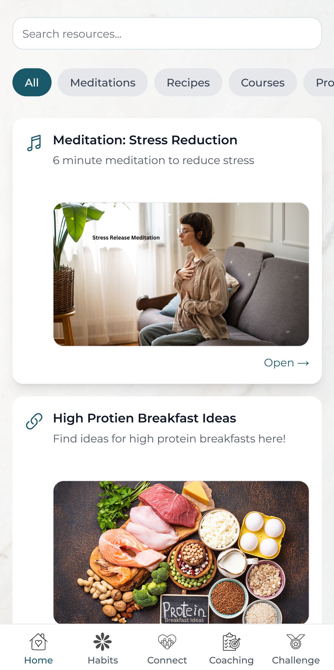 Resources — Meditations, Recipes, Courses, Protocols tabs. Meditation: Stress Reduction (6 min). High Protein Breakfast Ideas.