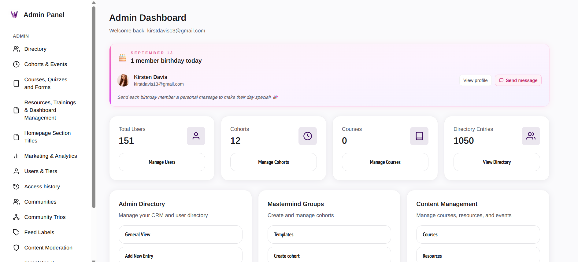 Admin dashboard — 151 total users, 12 cohorts, 1050 directory entries, Admin Directory, Mastermind Groups, Content Management