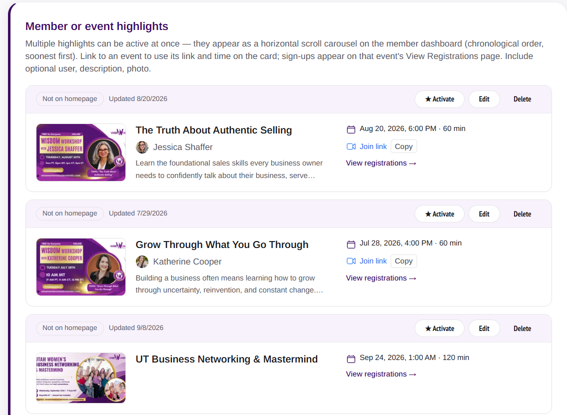 Member or event highlights — The Truth About Authentic Selling (Jessica Shaffer), Grow Through What You Go Through (Katherine Cooper), UT Business Networking & Mastermind — activate, edit, delete