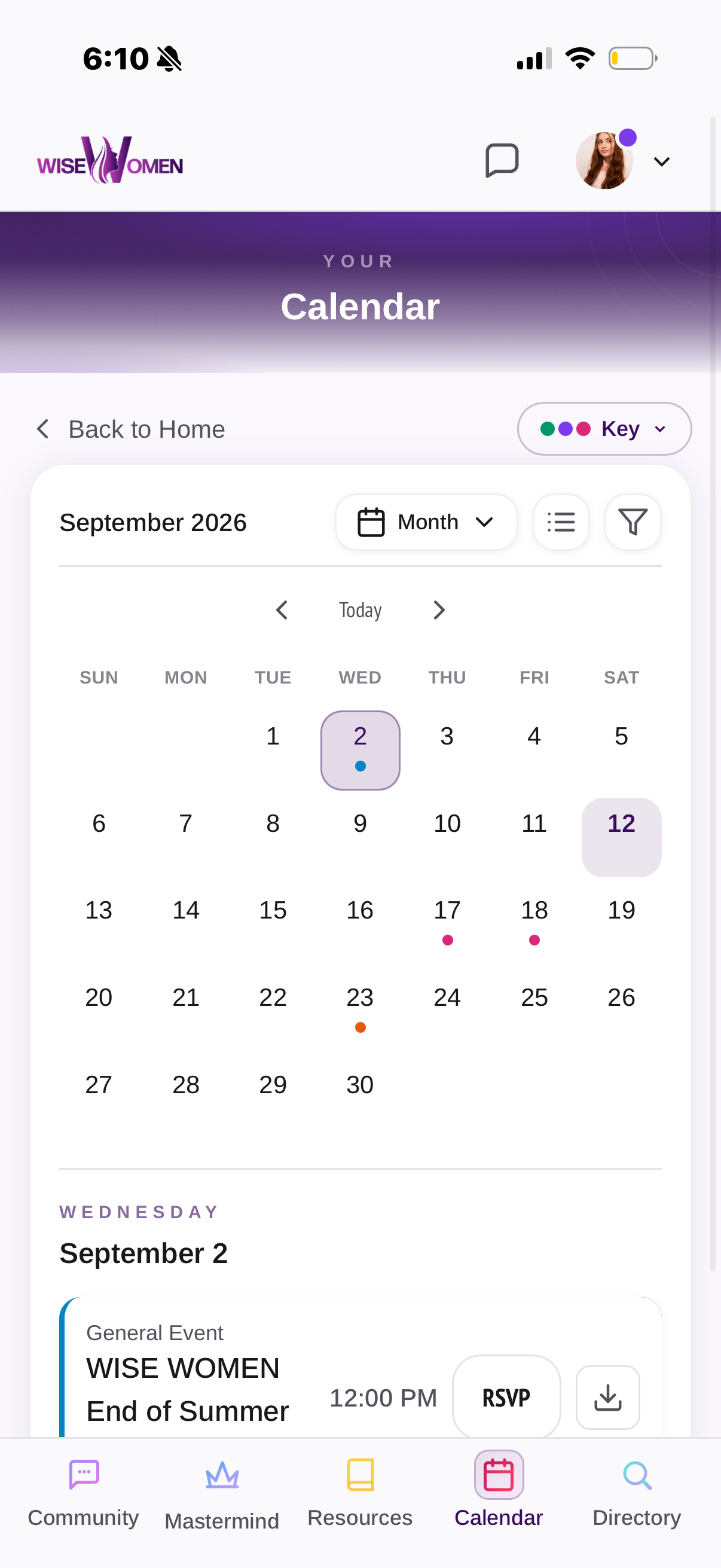 Member Calendar — September 2026, color-coded events. September 2: Wise Women End of Summer, 12:00 PM, RSVP button.