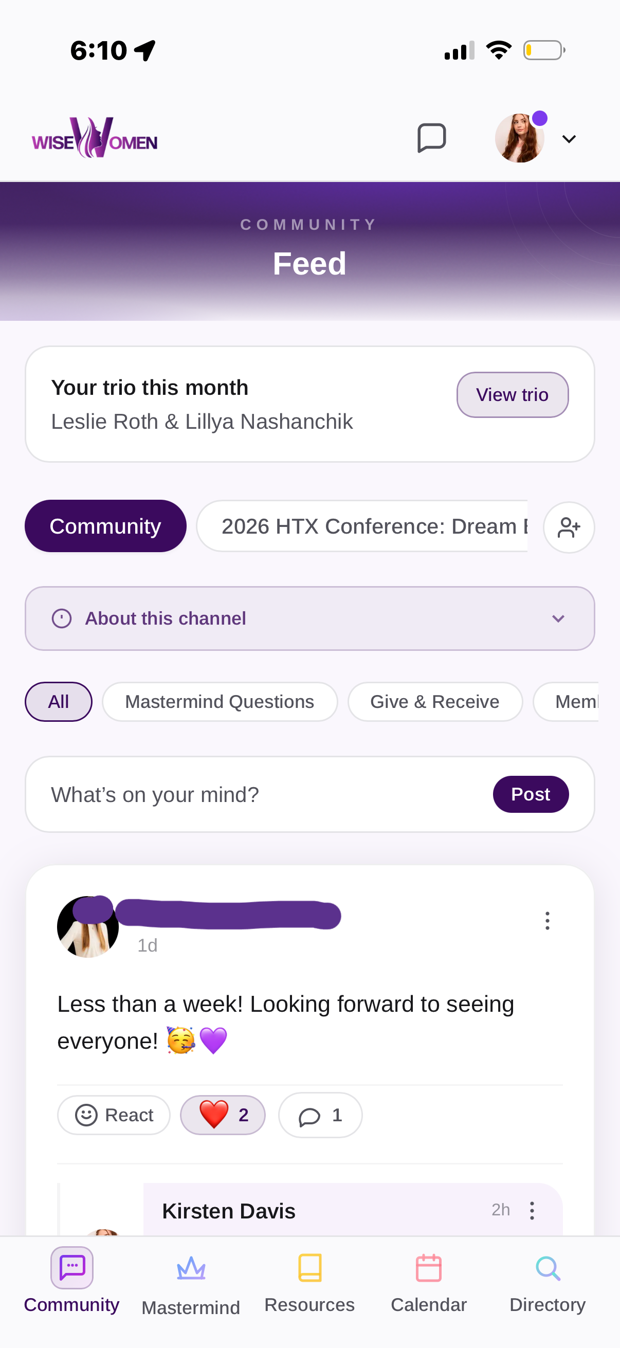 Community Feed — Your trio this month, Community channel, 2026 HTX Conference channel, tabs: All, Mastermind Questions, Give & Receive, What's on your mind post bar