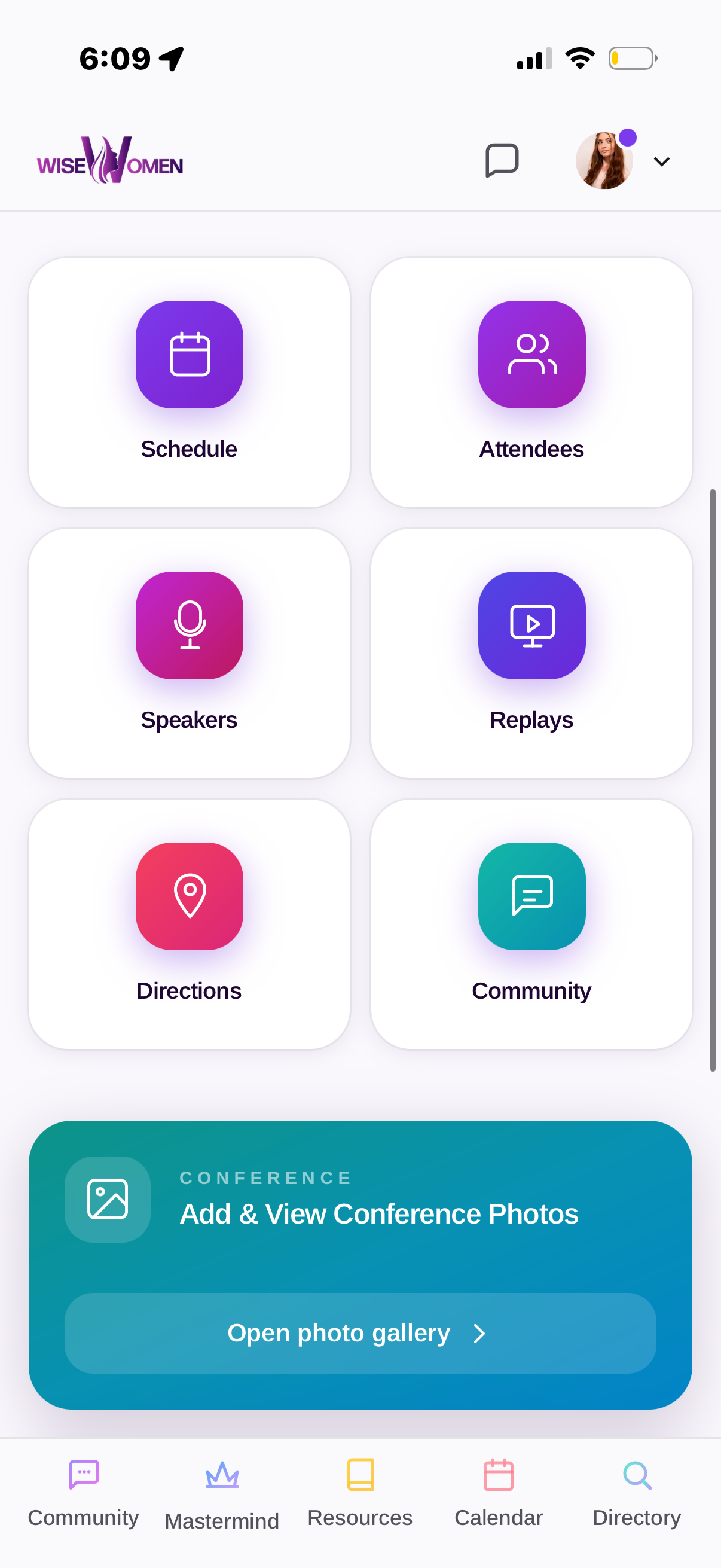 Conference hub — Schedule, Attendees, Speakers, Replays, Directions, Community. Add & View Conference Photos.