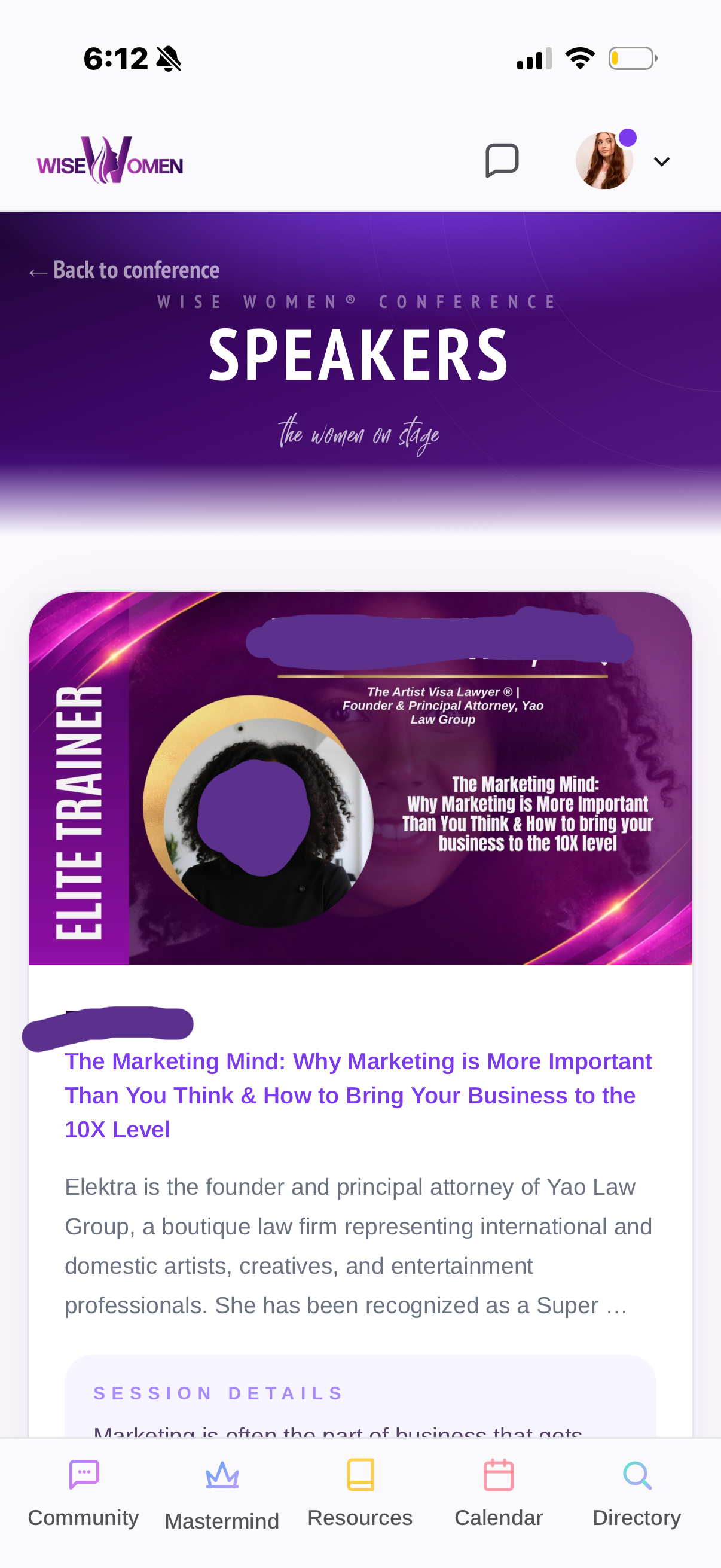 Speakers — WISE WOMEN CONFERENCE, ELITE TRAINER card. The Marketing Mind: Why Marketing is More Important session detail.