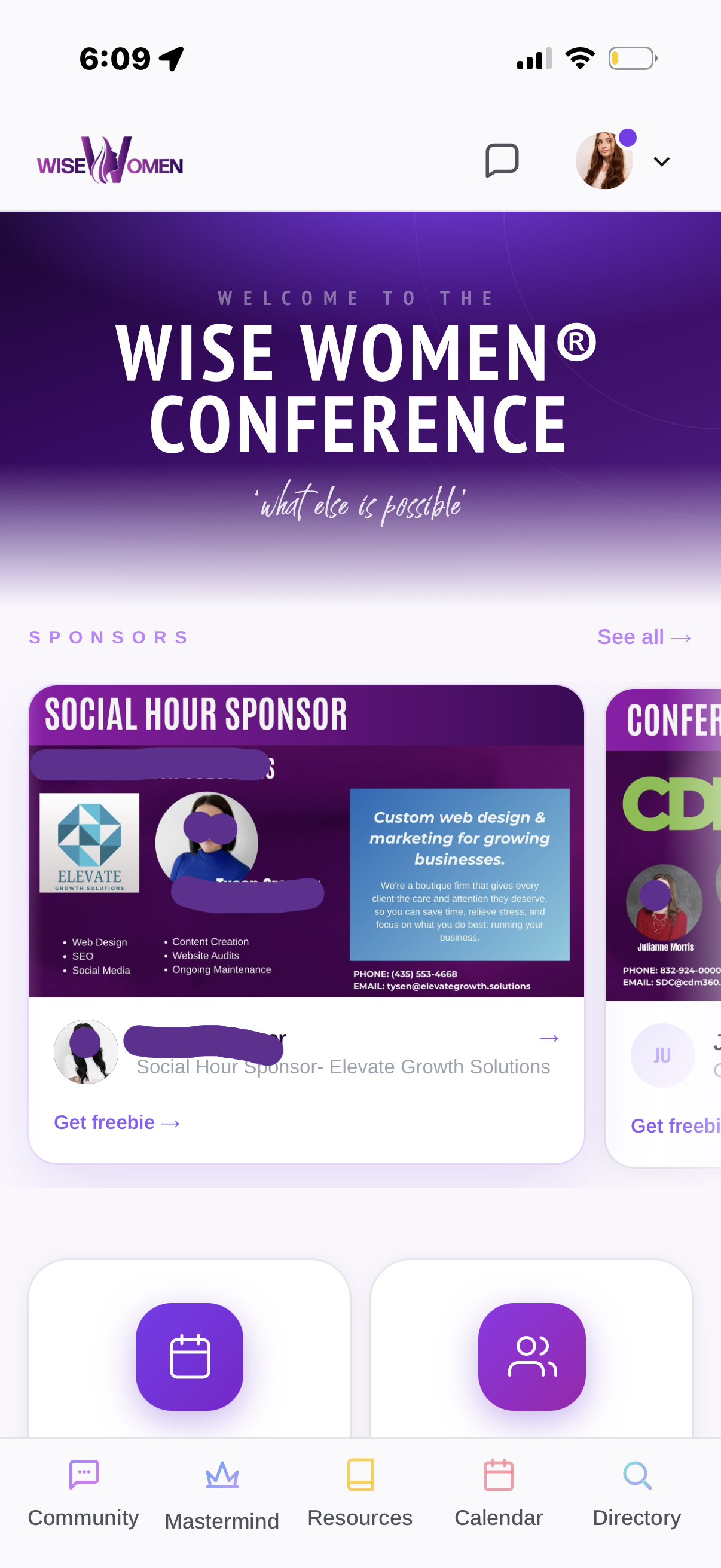 Conference sponsors — Social Hour Sponsor: Elevate Growth Solutions (Tysen Creager, custom web design & marketing). Get freebie link.