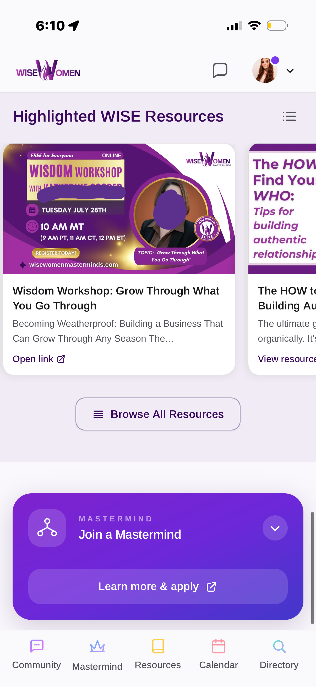 Highlighted WISE Resources — Wisdom Workshop: Grow Through What You Go Through, Browse All Resources, Join a Mastermind CTA