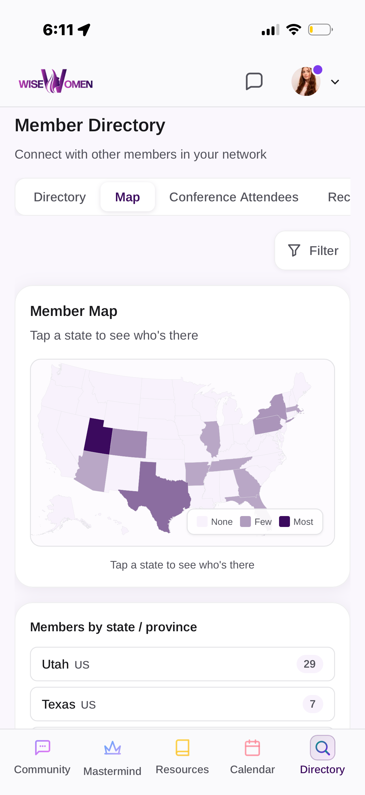 Member Map — tap a state to see who's there. Utah 29, Texas 7, multiple states represented. Directory, Map, Conference Attendees tabs.