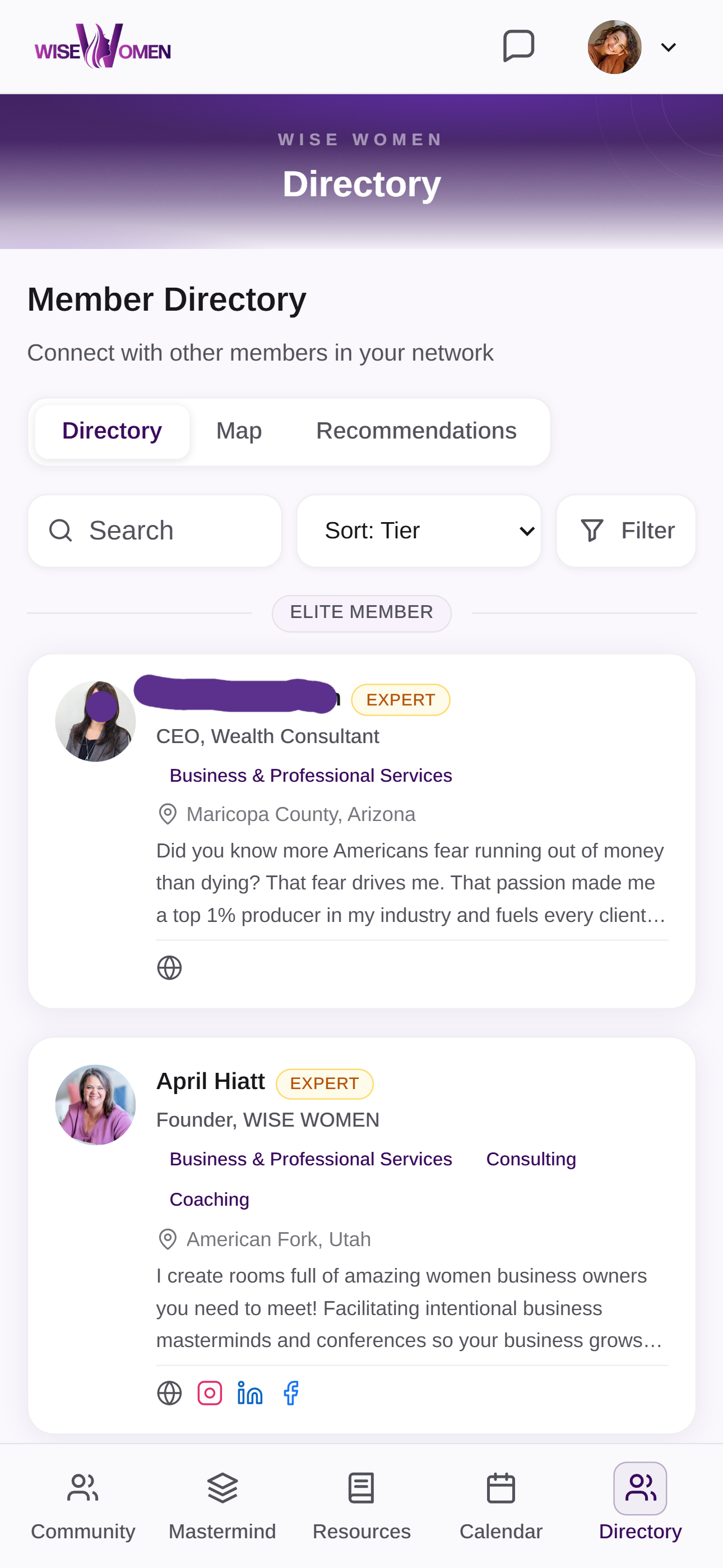 Member Directory — Elite Member section, Alicia Kishpaugh (Expert, CEO Wealth Consultant, Business & Professional Services, Maricopa County AZ), April Hiatt (Expert, Founder WISE WOMEN)