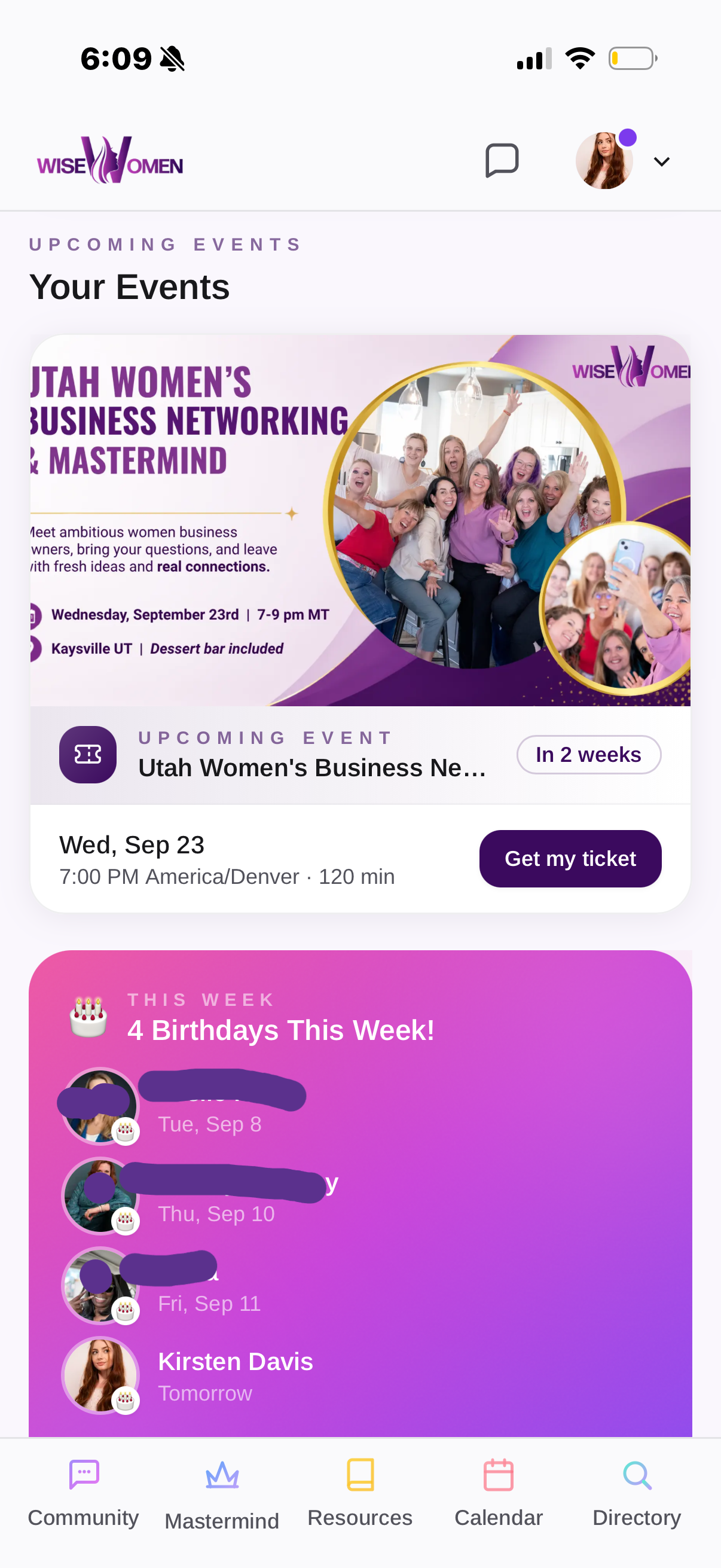 Member home — upcoming events: Utah Women's Business Networking & Mastermind with Get my ticket, 4 birthdays this week