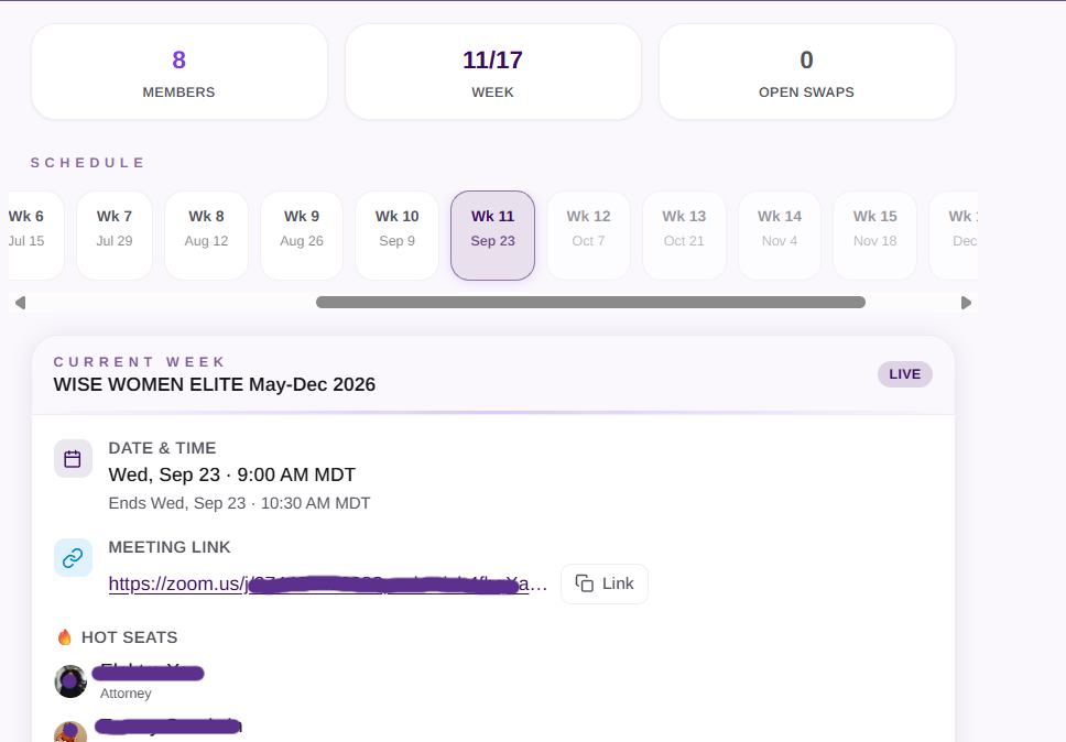Leader schedule — 8 members, Week 11/17, current week WISE WOMEN ELITE LIVE, date/time, Zoom link, hot seats listed