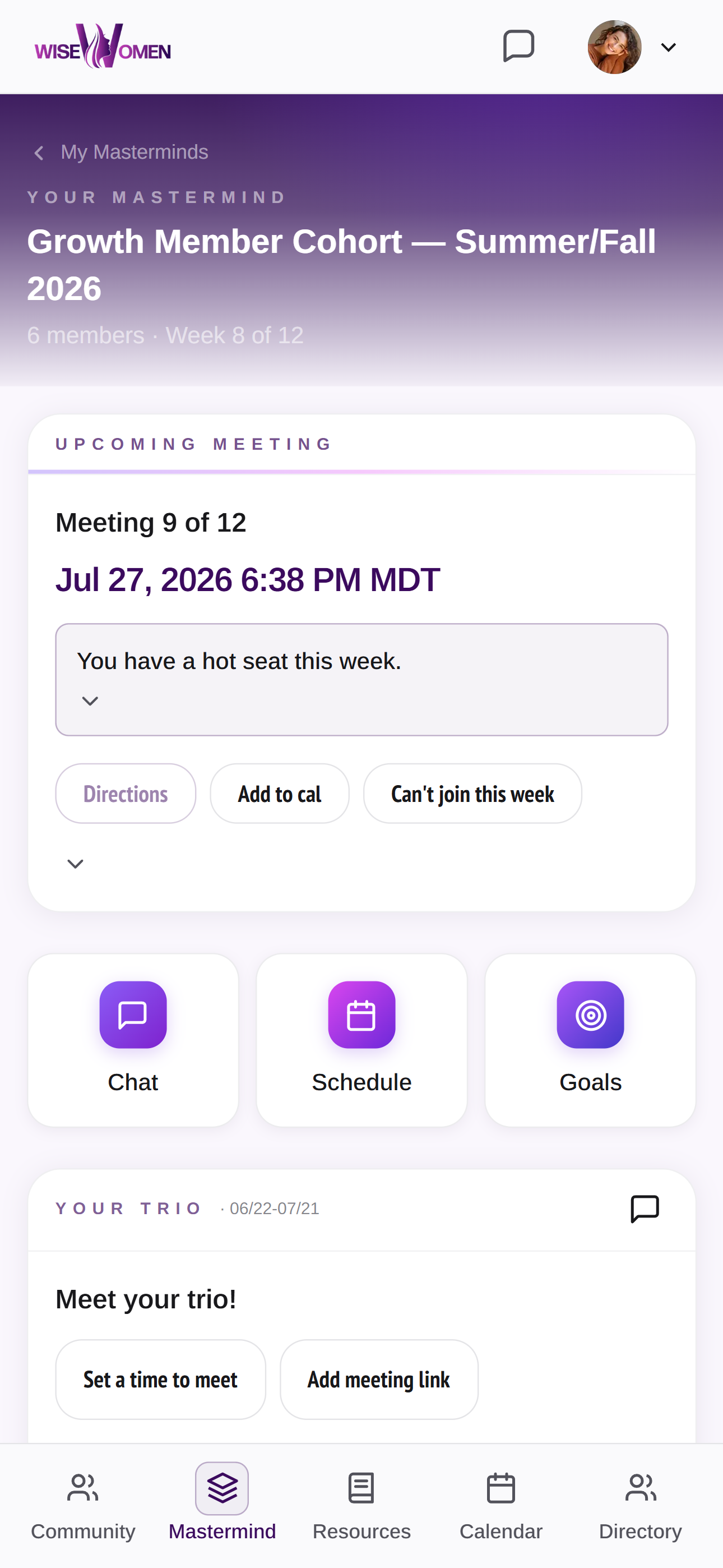 Mastermind room — Growth Member Cohort Summer/Fall 2026, upcoming meeting July 27 with hot seat alert, Chat/Schedule/Goals, Your Trio section