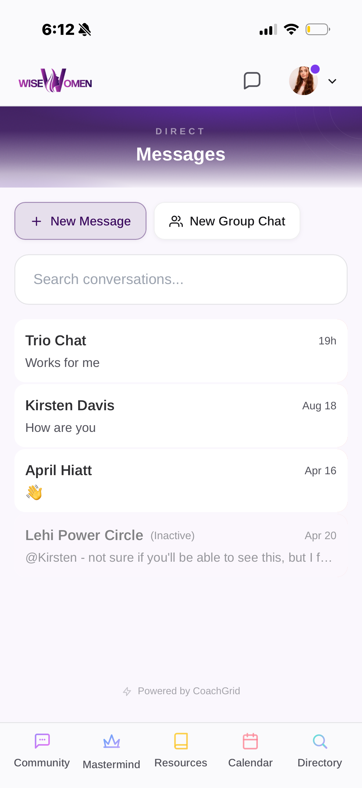 Direct Messages — Trio Chat, April Hiatt, direct message threads, Powered by CoachGrid