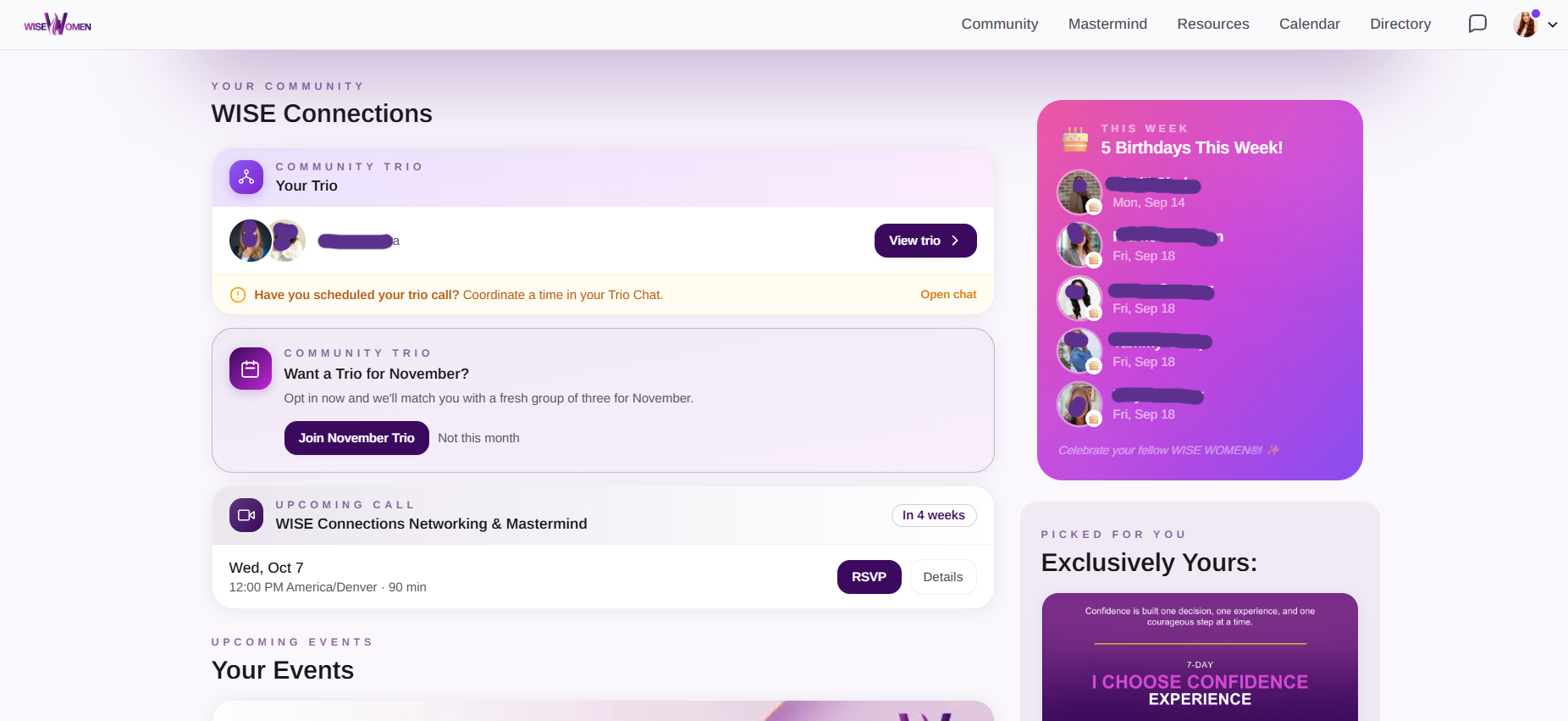 Wise Women member home — WISE Connections community, trio opt-in, upcoming call with RSVP, birthdays this week, Exclusively Yours resources
